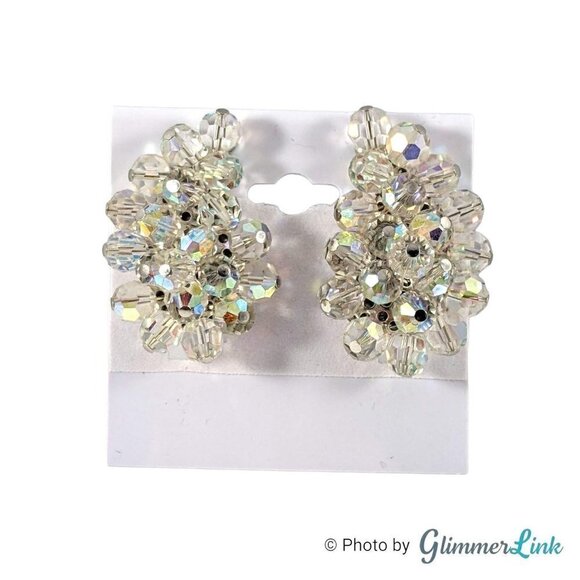 VTG AB Aurora Borealis Beaded Paisley Cluster Silver Tone Clip On Earrings - Picture 6 of 11